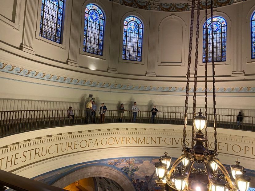 Members of St. Alexander Parish in Belle take in the scope and majesty the Whispering Gallery in the Missouri State Capitol in Jefferson City.